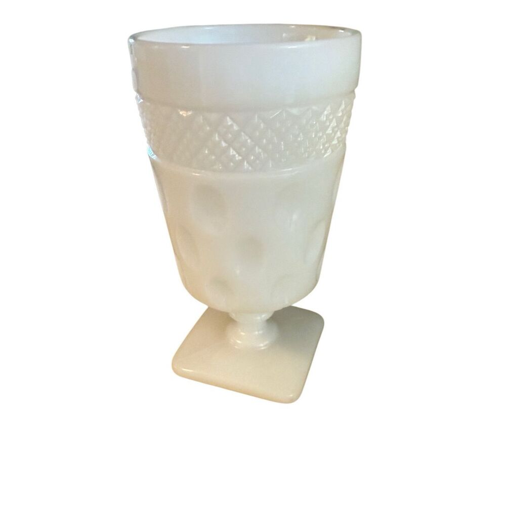 Vintage McKee Opal Milk Glass Goblet, Thumbprint & Crosshatch Design 1957 Mid-Ce